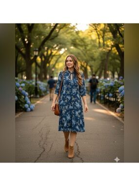 MICHEL STUDIO Blue Floral Midi Dress 3/4 Sleeve Fully Lined US Sz 12